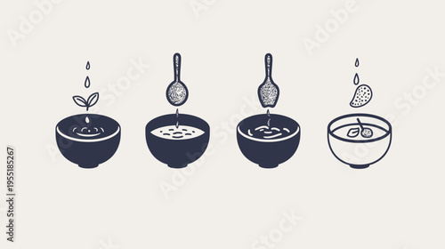 Illustration of four bowls depicting stages of preparation, in vintage style