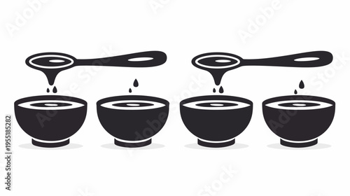 Black and white graphic of a spoon pouring liquid into two rows of four bowls