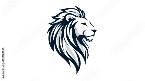 A stylized illustration of a lion's head in profile, using shades of gray and blue on a white background