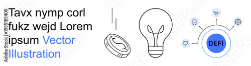 Finance, cryptocurrency, blockchain, innovation, digital currency, decentralized finance. Dollar coin and light bulb with DeFi motif. Finance and cryptocurrency concepts in a digital world