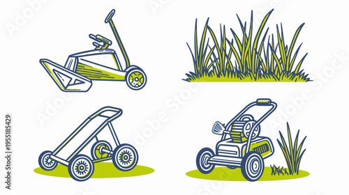 Blue outlined lawn tools and grass illustrations with yellow highlights on a white background