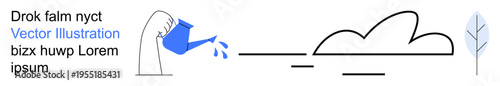 Sustainability, climate awareness, nature conservation, growth, environmental care, minimalism. A watering can pouring water, abstract cloud and a leaf. Sustainability and climate awareness concept