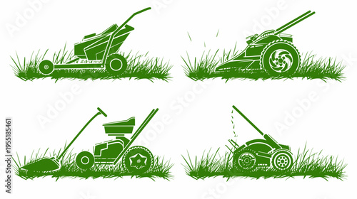 Green lawn mower silhouettes stand amidst tall grass on a white background