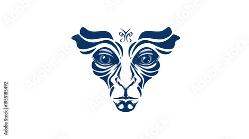 Stylized, symmetrical face with intricate dark blue patterns set against a clean white backdrop