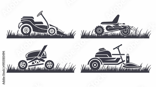 Silhouettes of four different lawn mowers sitting in tall grass on a white background