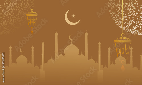 Elegant Ramadan or Eid background with golden mosque silhouette, crescent moon, hanging lanterns, and floral corner ornaments on warm brown gradient, Islamic festive vector design