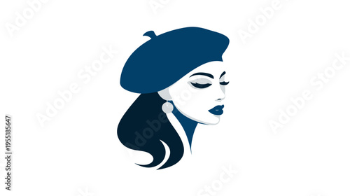 A side profile of a woman in shades of blue and white, wearing a beret and earring