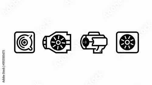 Four black and white line icons resembling computer components on a white background