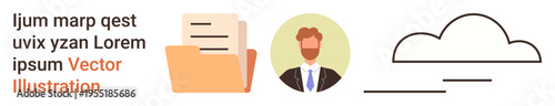 Data organization, professional profiles, cloud technology, virtual storage, file sharing, secure management. Folder with papers, businessperson avatar cloud icon. Data organization and cloud