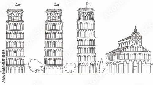 Line drawing of a city skyline featuring towers, a church, and trees