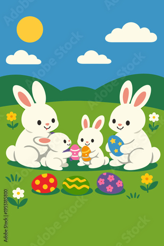 Easter Monday Bunny Family Sharing Eggs in the Meadow