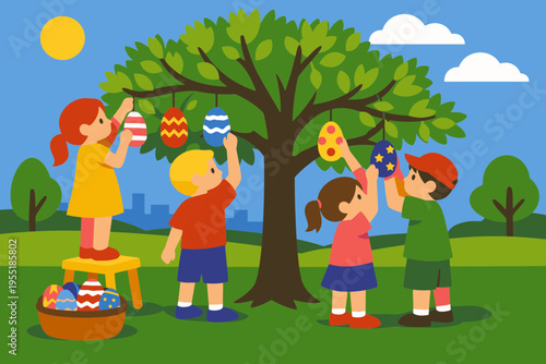 Easter Monday Children Decorating Trees with Hanging Eggs