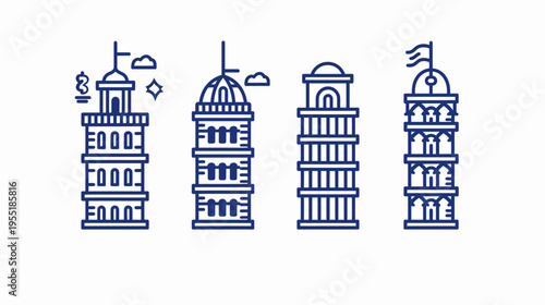Minimalist vector illustration of four iconic towers, outlined in dark blue on a white backdrop