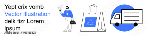 Online shopping, logistics, delivery services, innovation, brainstorming, retail. A person holding a lightbulb, a shopping bag and a delivery truck icon. Online shopping and logistics concept