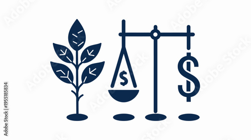 Vector art shows plant with a scale, $ sign balanced. Dark blue on white