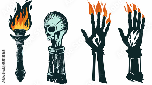 Stylized dark fantasy clip art, skull-topped staff, burning torch, and two hands with fiery fingertips