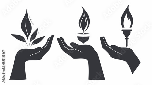 Three hands holding leaves, a flame in a holder, and a torch in black on white