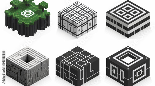Isometric view of six pixelated, stylized cubes in white, black, gray, and green tones