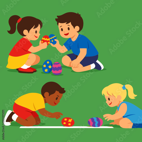 Easter Monday Children Playing Games with Decorated Eggs