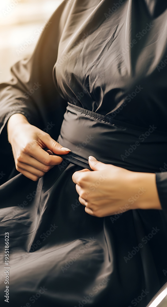 Naklejka premium A person's hands adjusting the waist tie of a dark, flowing garment, highlighting the fabric and detail.