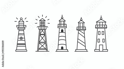 Five different line art lighthouse illustrations in a row on a white background