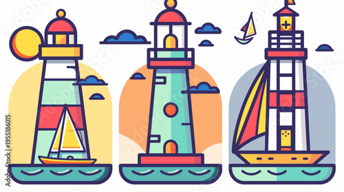 Cartoon lighthouses, with sailing boats, waves, sun and stylized clouds. Colorful vector