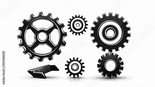 Illustration of varied sizes and styles of gears, rendered in black and white