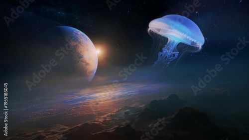 A bioluminescent jellyfish floats serenely in the vastness of space, near a distant planet bathed in the warm glow of a setting sun. Evokes a sense of cosmic wonder and the possibility of alien life.