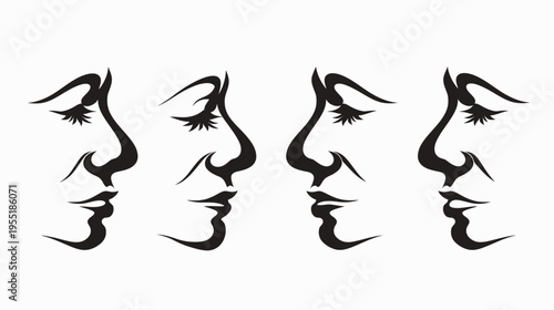 Four stylized faces with closed eyes, silhouetted in black against a white background