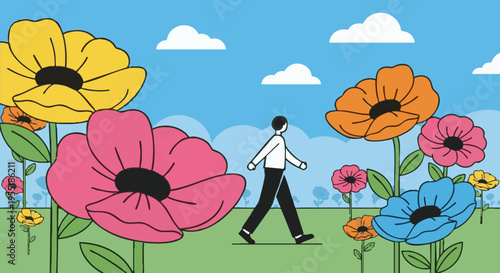 Man walking through a surreal field of giant colorful flowers. Vector illustration of a person in a fantasy nature landscape.