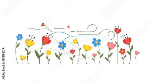 Stylized colorful flowers in a field with abstract wind lines. Flat vector illustration banner.