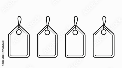 Four simple black and white price tags with loops, against a plain white background