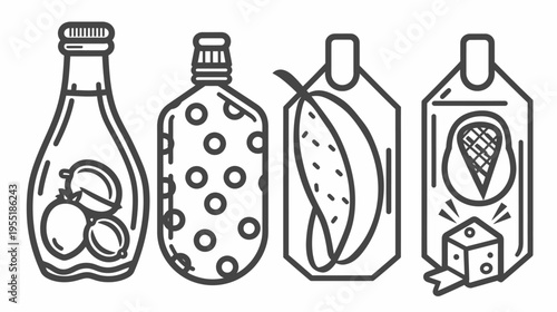 Four stylized containers filled with fruit, dots, mango, and ice-cream graphic