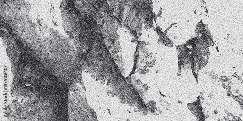 Abstract monochromatic textured background with organic shapes and granular noise effect creating a rough, distressed surface with dark ink-like splatters and light speckled areas