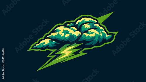 A stylized illustration features a cloud with a lightning bolt against a dark navy background