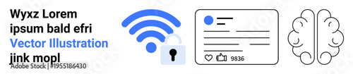 Data security, social media, artificial intelligence, neural networks, online interactions, digital safety. wireless signal with a padlock, brain and social media interface. Cybersecurity and social