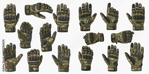 Set of military tactical gloves in various positions, isolated on a transparent background.