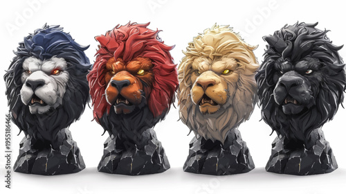 Four lion head busts with different colored manes on fragmented stone pedestals, vivid eyes