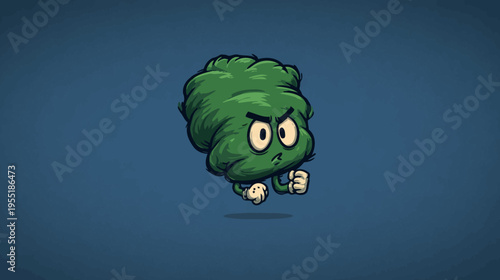 A green, fluffy cartoon figure with a grumpy expression and clenched fists, floating against blue