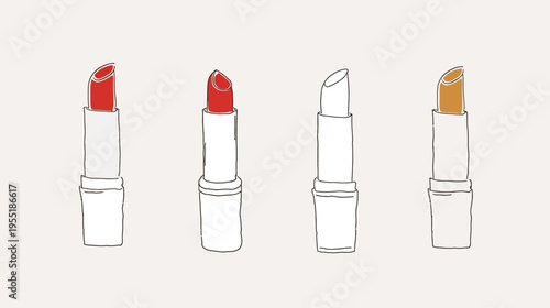 Four minimalist lipsticks lined up, two red, one white, and one gold, on light beige background