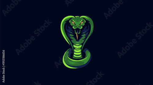 A stylized cobra illustration with a green body, yellow eyes, and a forked tongue on a dark background