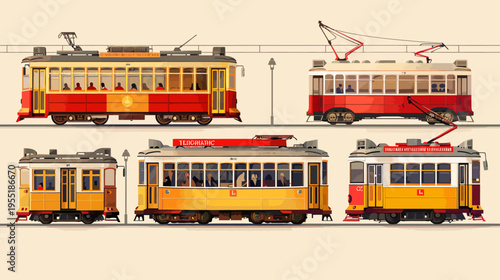 Pixelated vintage trams, red and yellow, with riders, overhead wires, and a neutral background