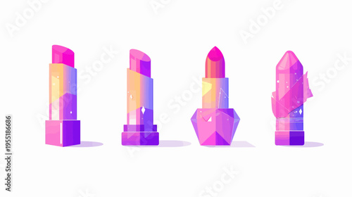 Four illustrated lipsticks with polygon and crystal designs, using pastel colors
