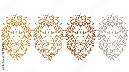 Four line art lion heads in varying brown shades, facing forward, white background