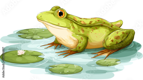 A green amphibian sits on water amidst lily pads, rendered in a bright, illustrative style