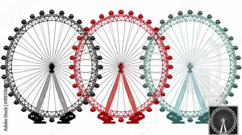 Three Ferris wheels in varied colors - black, red, and blue - stand side by side