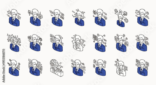 Collection of isometric icons representing business concepts and financial ideas with businessman and money symbols