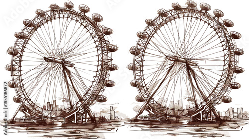 Two sketched Ferris wheels face, sharing a skyline, rendered in brown watercolor strokes