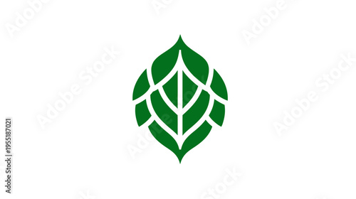 A symmetrical, stylized, green plant leaf symbol on a white background. Simple and elegant