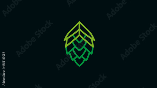 A linear green stylized depiction of a hop cone against a dark background